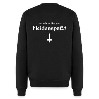 Wo geht es hier zum Heidenspaß? - Männer Premium Bio Pullover - Schwarz - Hinten - Nico (187cm)