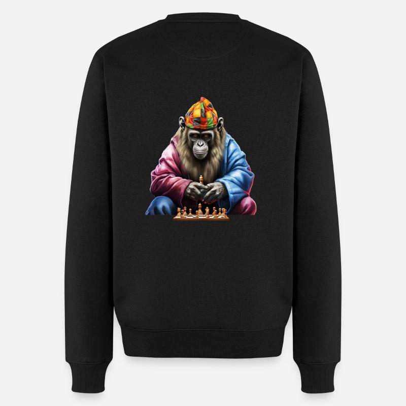 Schimpanse beim Schachspiel Kunst, Affe Schach - Männer Premium Bio Pullover - Schwarz
