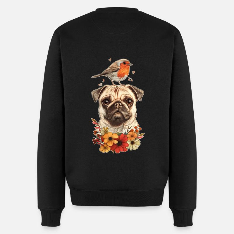 Mops mit Vogel - Männer Premium Bio Pullover - Schwarz