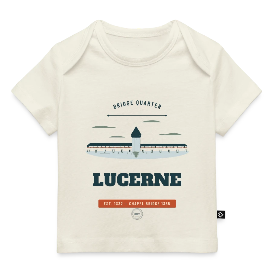 Lucerne badge on a baby premium organic t-shirt, off white