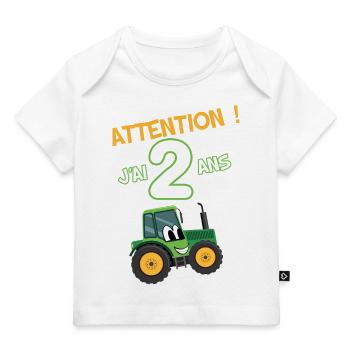 Attention j'ai 2 ans Anniversaire enfant tracteur - T-shirt Premium bébé bio - blanc - Devant