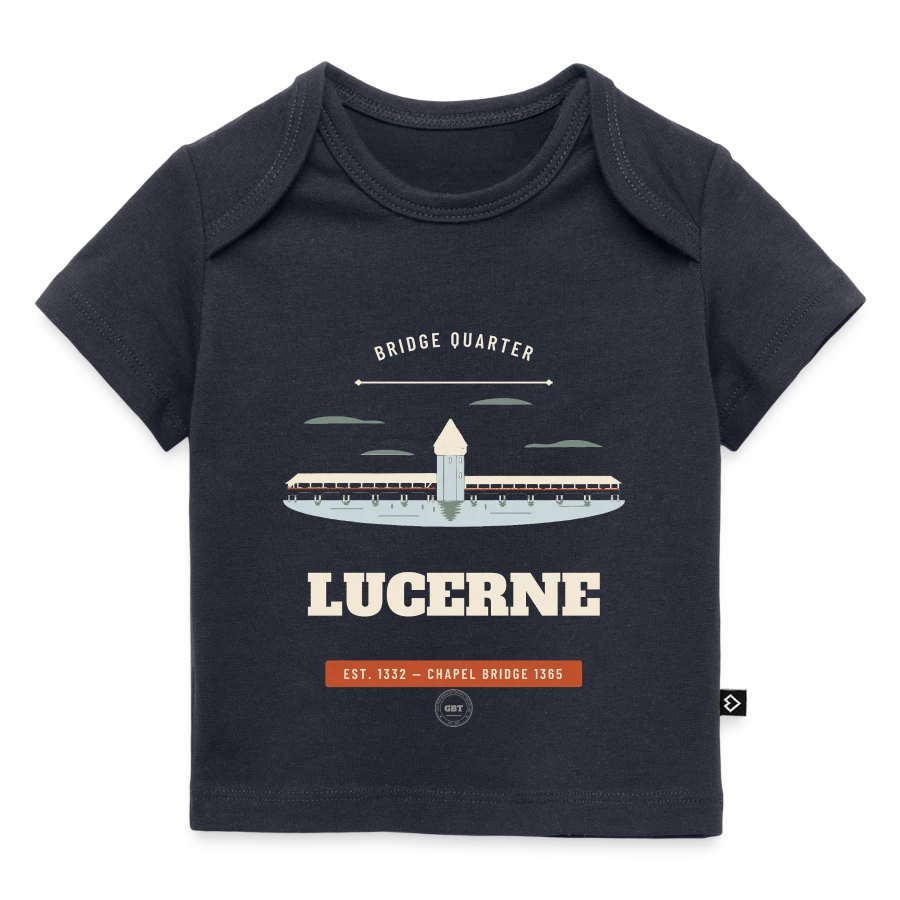 Lucerne badge on a baby premium organic t-shirt, navy