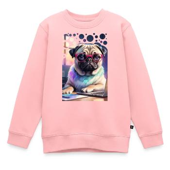 Bureau Chien Carlin avec Ordinateur Portable et Lunettes Roses Pop Art - Sweat Premium enfant bio - rose - Devant - AI Model Kid Female (0cm)