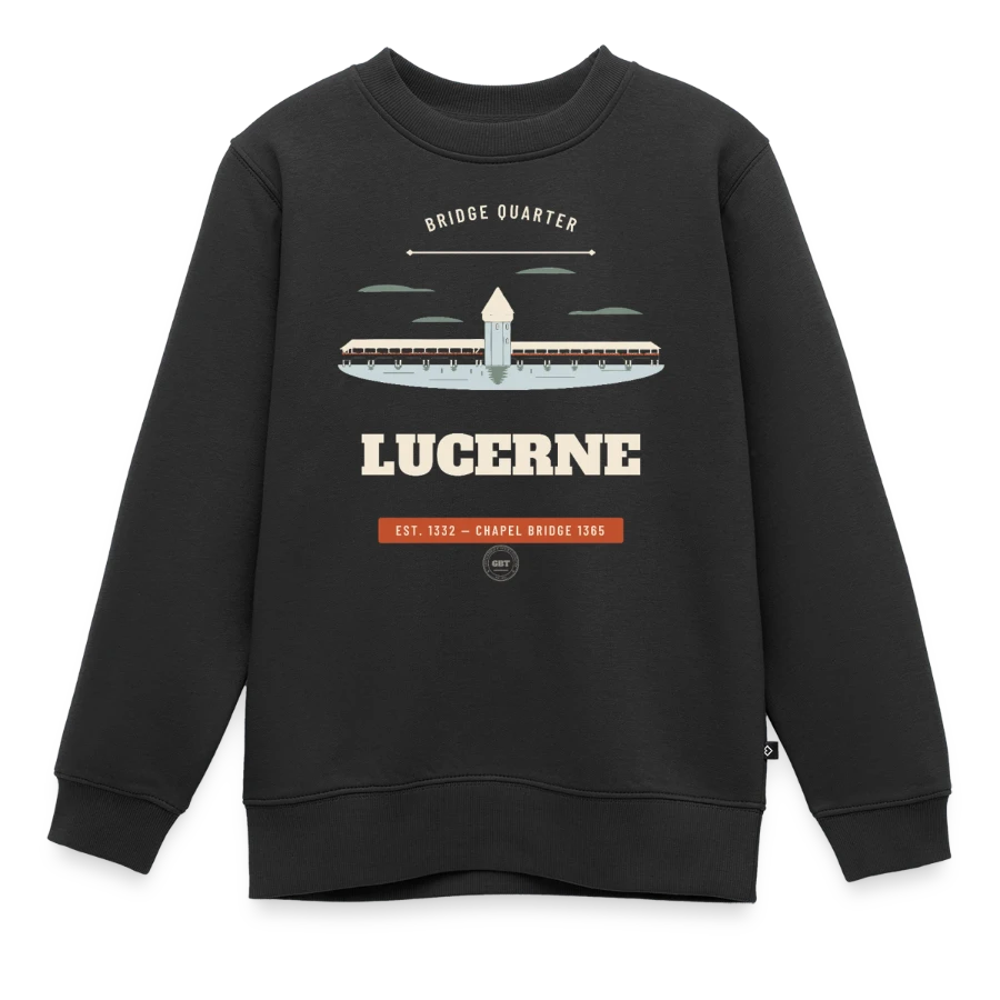 Lucerne badge on a kids premium organic sweatshirt, black
