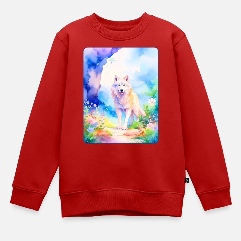 Loup blanc entouré de fleurs - Sweat Premium enfant bio - rouge