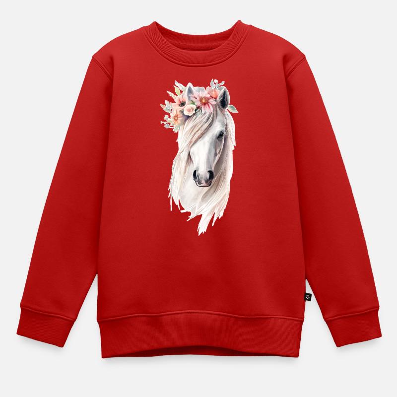 Cheval avec des fleurs - Sweat Premium enfant bio - rouge