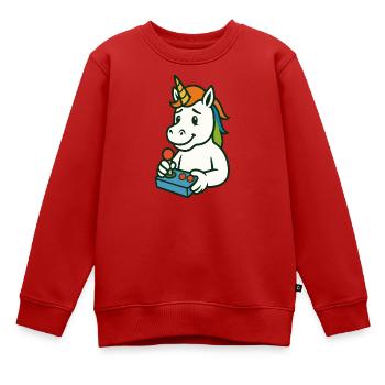 Niedliches Einhorn-Gamer-Maskottchen mit Joystick - Kinder Premium Organic Sweatshirt - Rot - Vorne - AI Model Kid Female (0cm)