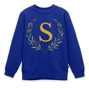 S Monogramm, Eukalyptus Kranz, personalisierbar - Kinder Premium Organic Sweatshirt - Royalblau - Vorne - AI Model Kid Female (0cm)
