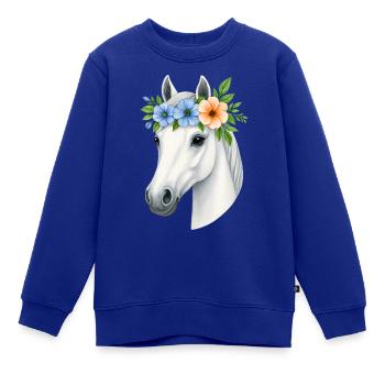Weißes Pferd mit Blumenkranz - Kinder Premium Organic Sweatshirt - Royalblau - Vorne - AI Model Kid Female (0cm)