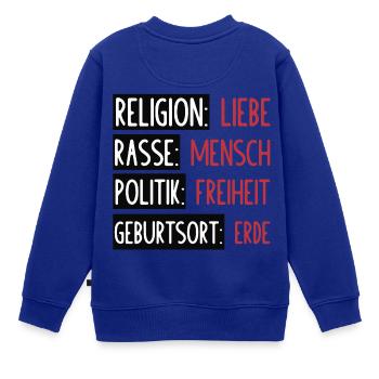 Statement - Keine Trennung oder Spaltung - Kinder Premium Organic Sweatshirt - Royalblau - Hinten - AI Model Kid Female (0cm)