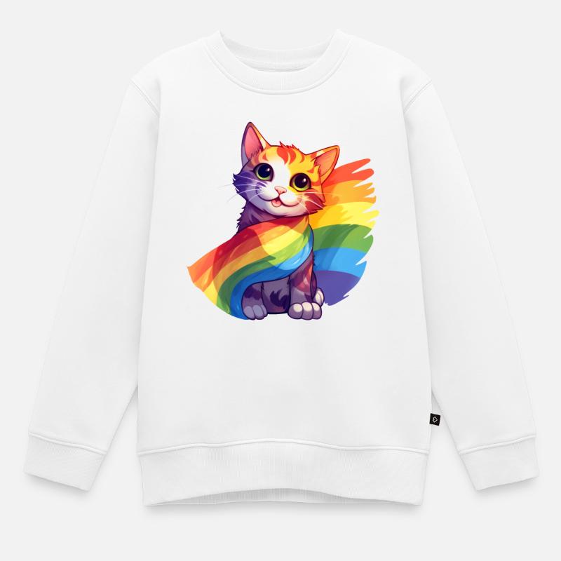Pride Cat - Chat arc-en-ciel coloré avec drapeau - Sweat Premium enfant bio - blanc