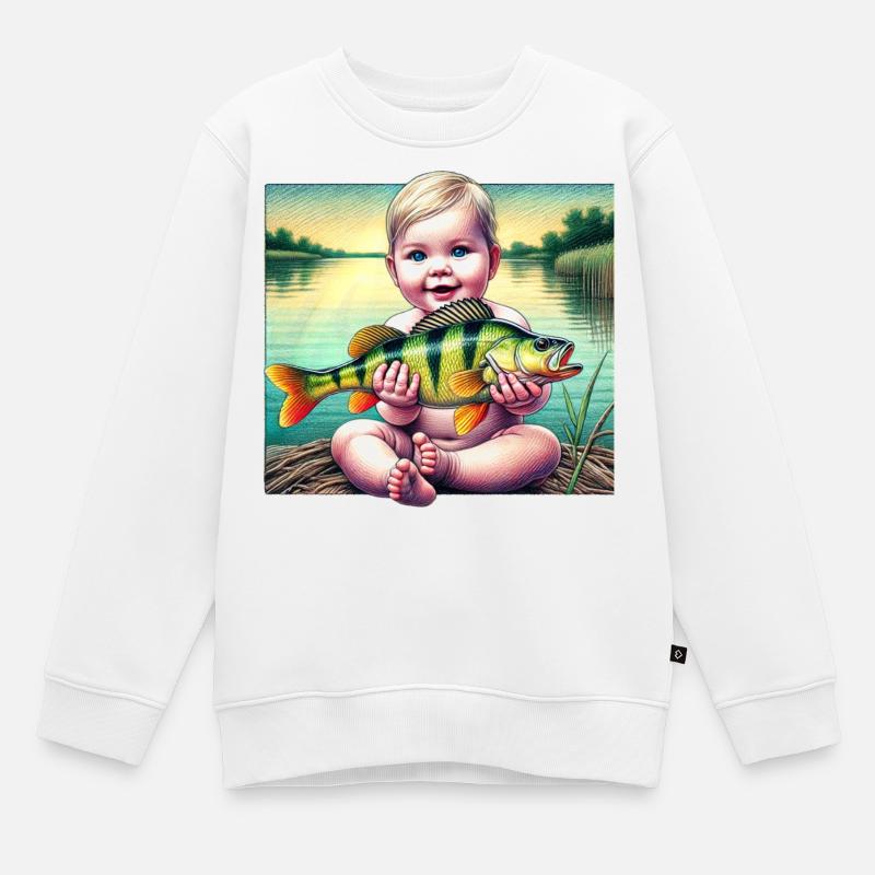 Bébé pêcheur Motif Cadeau Pêcheur - Sweat Premium enfant bio - blanc