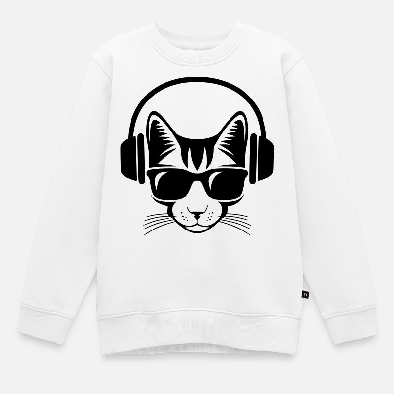chat casque de musique et lunette de soleil - Sweat Premium enfant bio - blanc