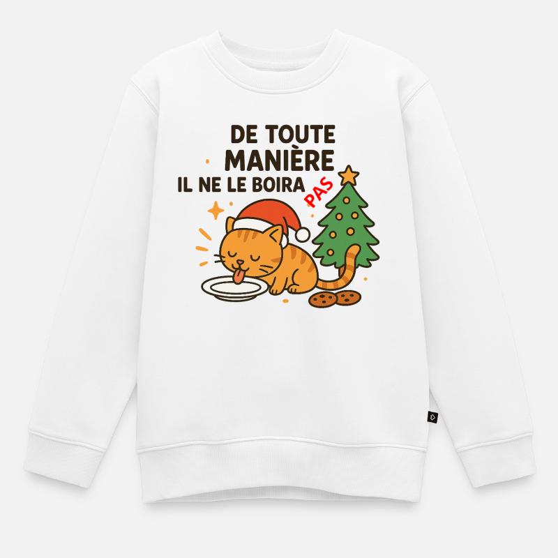 Chat festif de Noël qui refuse la boisson - Sweat Premium enfant bio - blanc