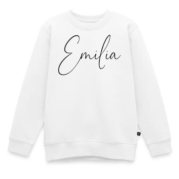 Emilia / Conception d’écriture manuscrite personnalisée - Sweat Premium enfant bio - blanc - Devant - AI Model Kid Male (0cm)