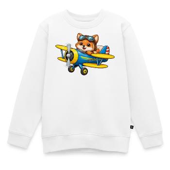 Fuchs Pilot Doppeldecker Flugzeug Cartoon   - Kinder Premium Organic Sweatshirt - Weiß - Vorne - AI Model Kid Male (0cm)