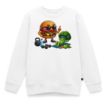 Burger-Gym Hero meets broccoli training - Kids Premium Organic Sweatshirt - white - Front - AI Model Kid Male (0cm)