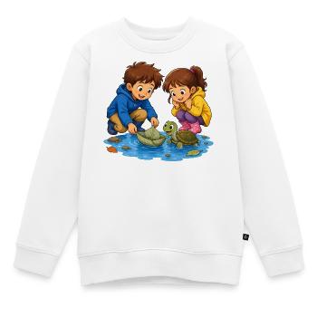 Children's Turtle Leaf Boat in Puddle Cute Motif - Kids Premium Organic Sweatshirt - white - Front - AI Model Kid Male (0cm)