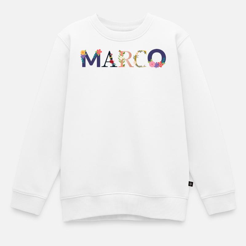 Le nom MARCO décoré de fleurs - Sweat Premium enfant bio - blanc