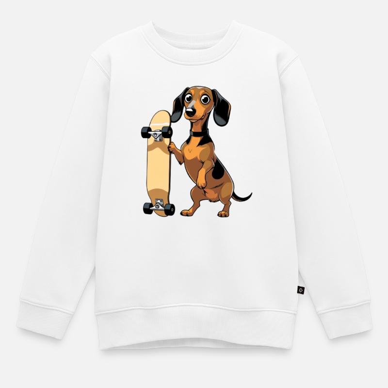 Dackel mit Skateboard Design - Kinder Premium Organic Sweatshirt - Weiß