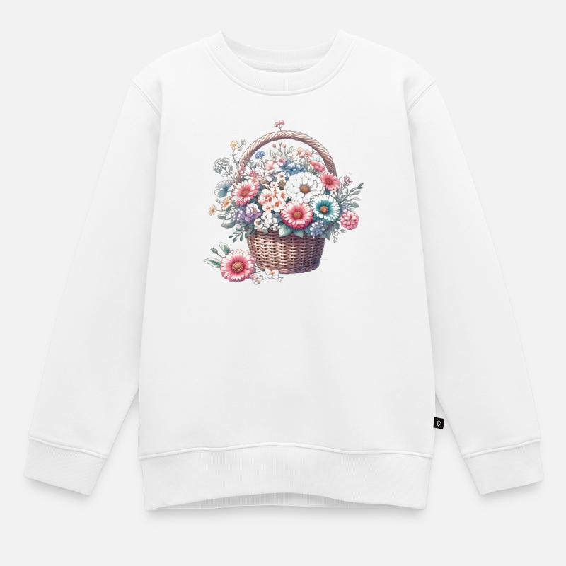Panier somptueusement rempli de fleurs pastel - Sweat Premium enfant bio - blanc