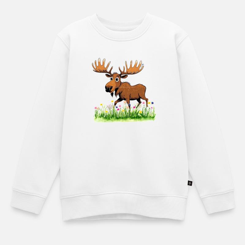 Whimsical Moose in Spring Meadow - Kids Premium Organic Sweatshirt - white