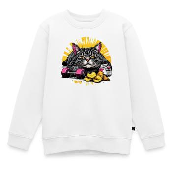 Faule Katze mit Chips und Hanteln - Kinder Premium Organic Sweatshirt - Weiß - Vorne - AI Model Kid Male (0cm)