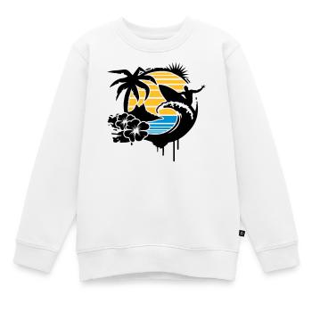 un palmier, fleurs d'hibiscus, une île,une vague - Sweat Premium enfant bio - blanc - Devant - AI Model Kid Male (0cm)