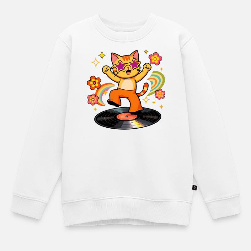 Chat Disco sur Vinyle Coloré - Sweat Premium enfant bio - blanc