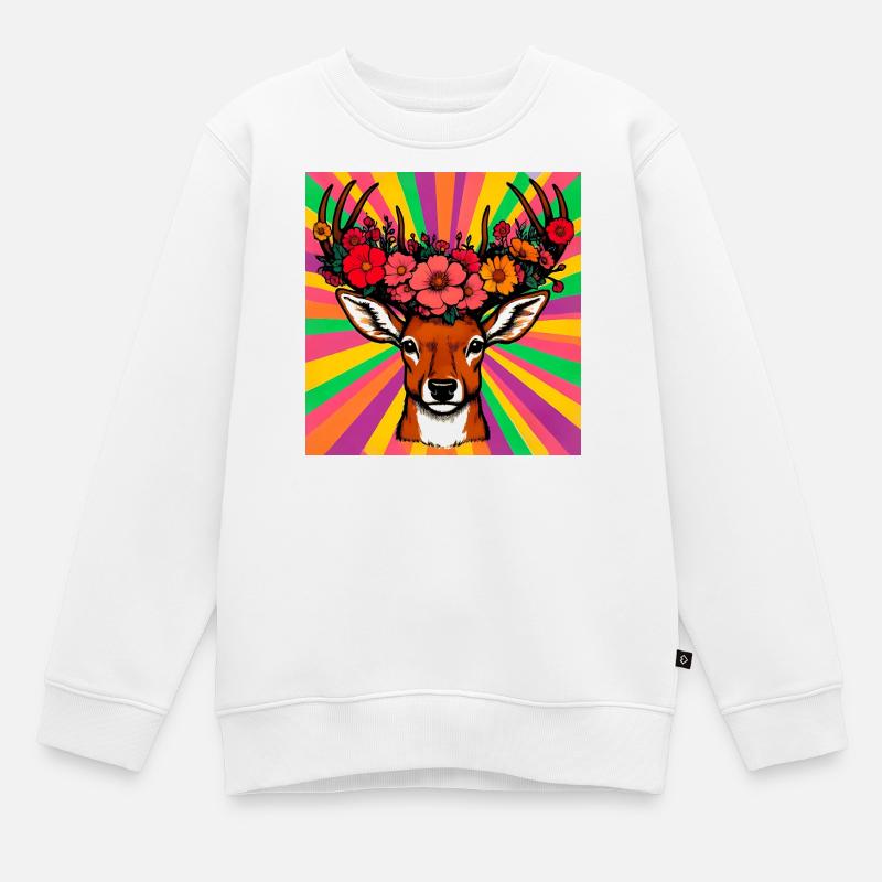 Cerf aux fleurs - Sweat Premium enfant bio - blanc
