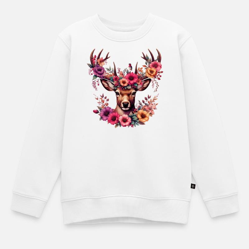 Cerf avec des fleurs - Sweat Premium enfant bio - blanc