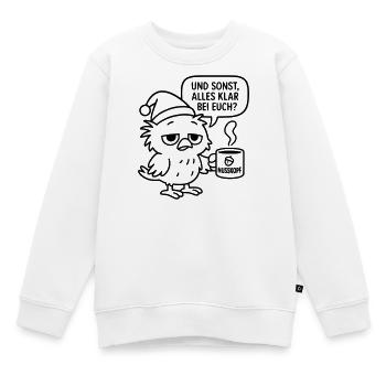 Morgenmuffel Vogel_mit_Kaffeetasse_und_Sprechblase - Kinder Premium Organic Sweatshirt - Weiß - Vorne - AI Model Kid Male (0cm)