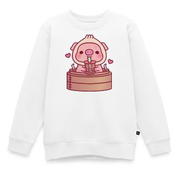 Le mignon cochon Xiao Long Bao boit du thé boba dans un vapeur - Sweat Premium enfant bio - blanc - Devant - AI Model Kid Male (0cm)