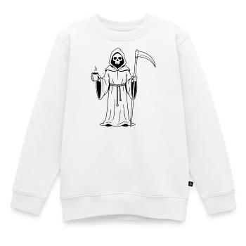 Faucheuse avec une tasse de café - Sweat Premium enfant bio - blanc - Devant - AI Model Kid Male (0cm)