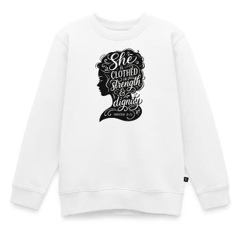 Femme de force et de dignité - Proverbes 31:25 - Sweat Premium enfant bio - blanc - Devant - AI Model Kid Male (0cm)