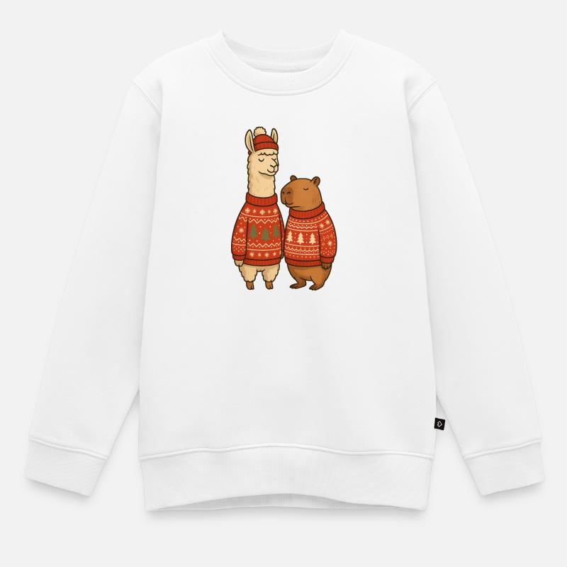 Duo de pulls de Noël Lama et Cabibara - Sweat Premium enfant bio - blanc