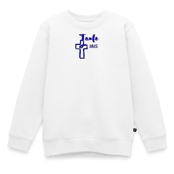 baptême 2025 trempettes de poisson en croix bleu contraste - Sweat Premium enfant bio - blanc - Devant - AI Model Kid Male (0cm)