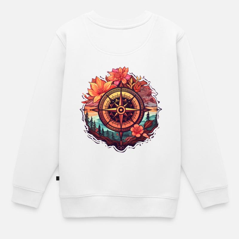 Wunderschöner Boho Kompass mit Blumen und Bäumen - Kinder Premium Organic Sweatshirt - Weiß
