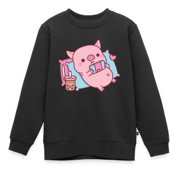 Cute Pig Gamer Chillen mit Videospielkonsole - Kinder Premium Organic Sweatshirt - Schwarz - Vorne - AI Model Kid Female (0cm)