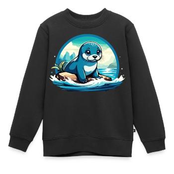 Robbe auf Felsen - Kinder Premium Organic Sweatshirt - Schwarz - Vorne - AI Model Kid Female (0cm)