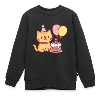 Süße getigerte Katze mit Geburtstagstorte und Luftballons - Kinder Premium Organic Sweatshirt - Schwarz - Vorne - AI Model Kid Female (0cm)