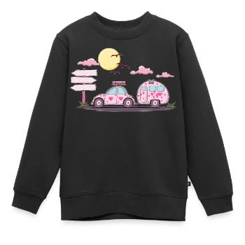 Wohnwagen mit Wunschtext – Rosanes Campingwagen - Kinder Premium Organic Sweatshirt - Schwarz - Vorne - AI Model Kid Female (0cm)