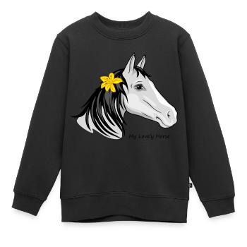 Portrait d’un cheval avec un lys dans sa crinière - Sweat Premium enfant bio - noir - Devant - AI Model Kid Female (0cm)
