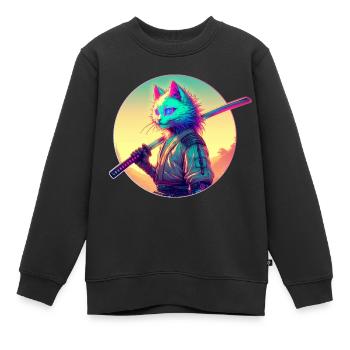 Cyberpunk Chat Samouraï Anime - Sweat Premium enfant bio - noir - Devant - AI Model Kid Female (0cm)