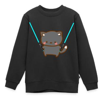 Chat mignon avec sabre laser bleu - Sweat Premium enfant bio - noir - Devant - AI Model Kid Female (0cm)