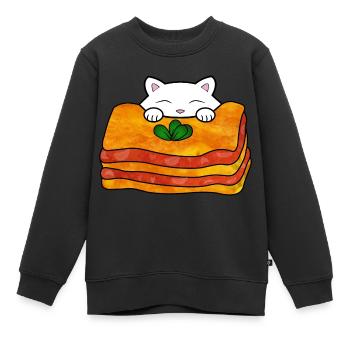 Süße weiße Katze, die ein leckeres italienisches Essen isst - Kinder Premium Organic Sweatshirt - Schwarz - Vorne - AI Model Kid Female (0cm)
