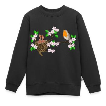 Rotkehlchen, Nest, Kirschblüten - Kinder Premium Organic Sweatshirt - Schwarz - Vorne - AI Model Kid Female (0cm)