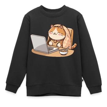 Chaton sur ordinateur portable avec couverture et petit-déjeuner - Sweat Premium enfant bio - noir - Devant - AI Model Kid Female (0cm)