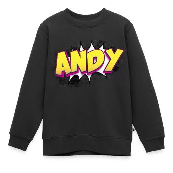 Andy Nom personnalisé Style de bande dessinée Pop Art, Andy - Sweat Premium enfant bio - noir - Devant - AI Model Kid Female (0cm)