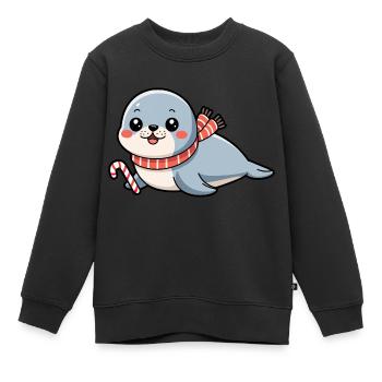 Bébé phoque de Noël kawaii avec canne à sucre - Sweat Premium enfant bio - noir - Devant - AI Model Kid Female (0cm)